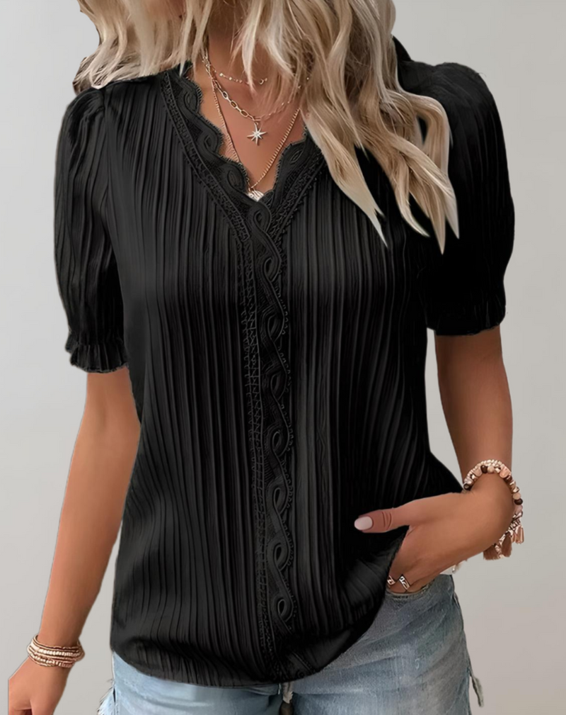 Emma - Chic Puff Sleeve Top with Elegant Lace Accents