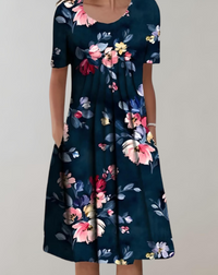 Eloise - Floral Print Smock Dress with Round Neckline and Pockets